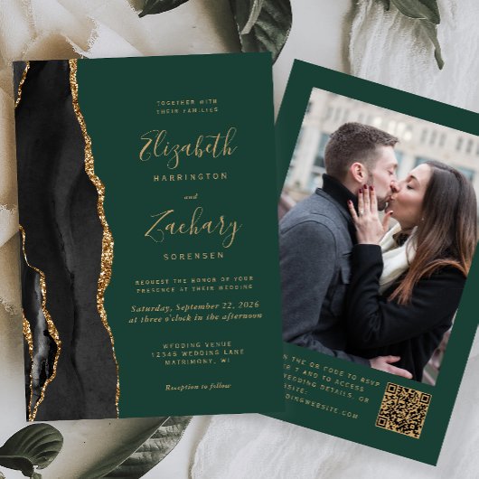 Black Gold Agate Green Foto QR Code Hochzeit Einladung