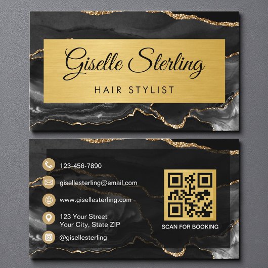 Black Gold Agate Hair Stylist Glitter QR Code Visitenkarte
