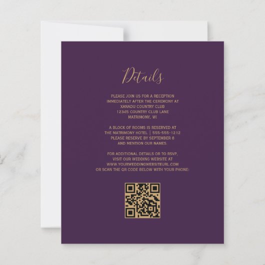 Black Gold Agate Lila QR Code Hochzeit (Rückseite)