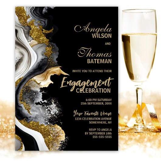 Black Gold Agate Marble Engagement Party Einladung