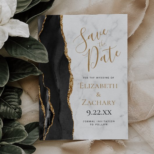 Black Gold Agate Marble Save the Date Card Einladung