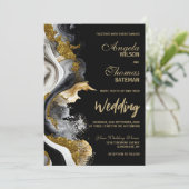 Black Gold Agate Marble Wedding Einladung (Stehend Vorderseite)