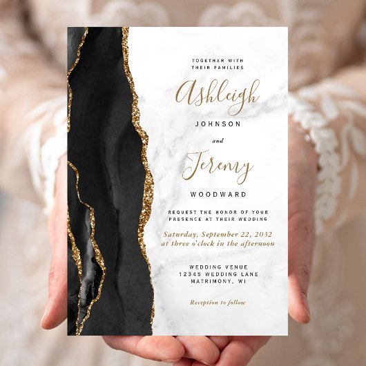 Black Gold Agate Marble Wedding Einladung