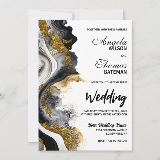 Black Gold Agate Marble Wedding Einladung (Vorderseite)