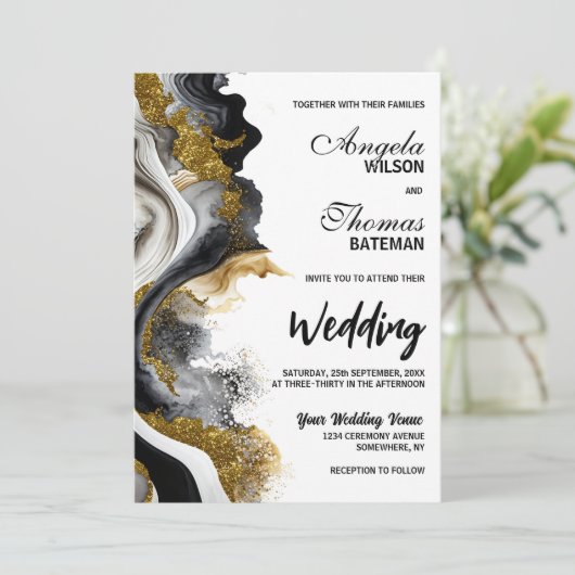 Black Gold Agate Marble Wedding Einladung (Stehend Vorderseite)