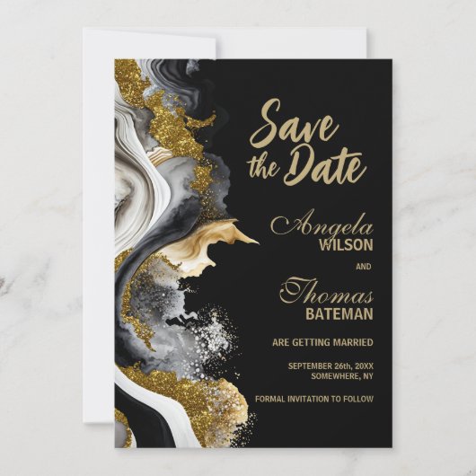 Black Gold Agate Marble Wedding Save the Date (Vorderseite)