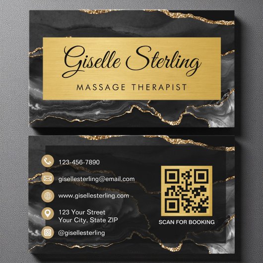 Black Gold Agate Massage Therapist Glitter QR Code Visitenkarte