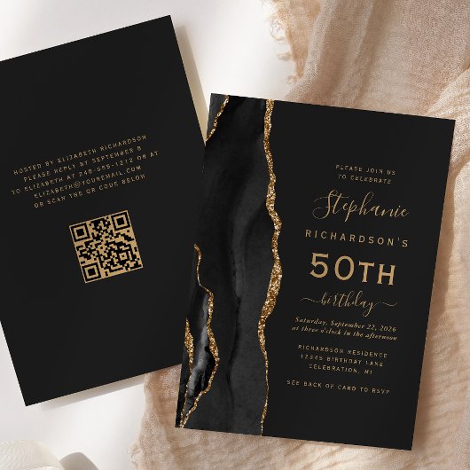 Black Gold Agate QR Code 50. Geburtstag Einladung