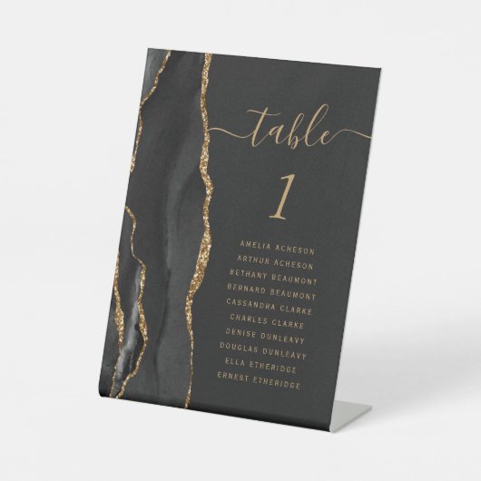 Black Gold Agate Script Dark Wedding Tischnummer Sockelschild (Vorderseite)