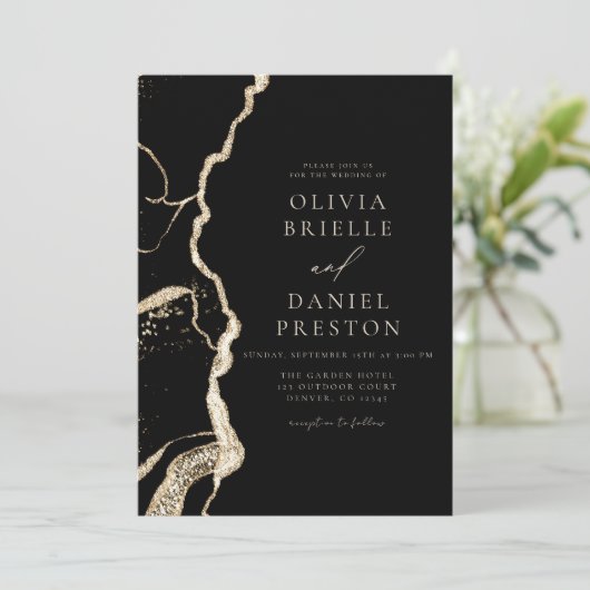 Black Gold Agate Wedding QR Code Elegant Einladung (Stehend Vorderseite)