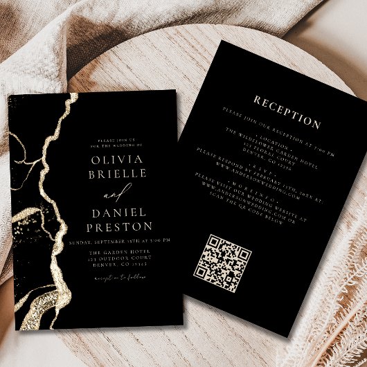 Black Gold Agate Wedding QR Code Elegant Einladung