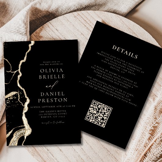 Black Gold Agate Wedding QR Code Elegant Einladung