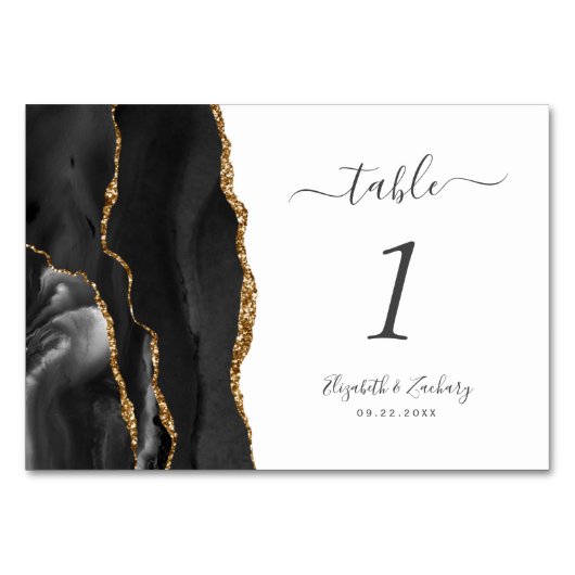 Black Gold Agate Wedding Tischnummer (Vorderseite)