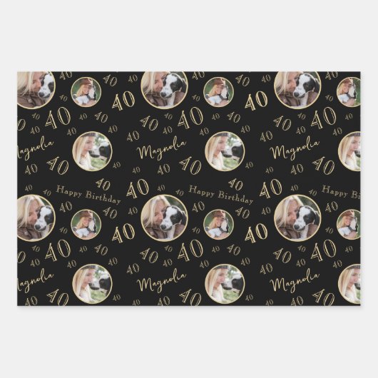 Black Gold Age Photo 40th Birthday Geschenkpapier Set (Vorderseite)
