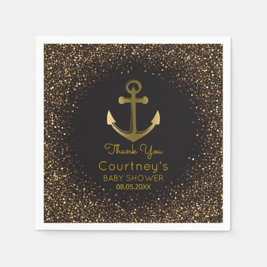 Black Gold Anchor Nautical Baby Dusche Vielen Dank Serviette (Vorderseite)