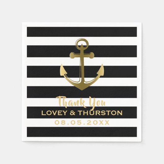 Black Gold Anchor Nautical Wedding Vielen Dank Serviette (Vorderseite)