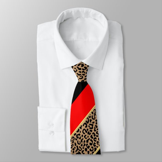 Black, Gold and Red Diagonal Stripe Leopard Krawatte (Gebunden)