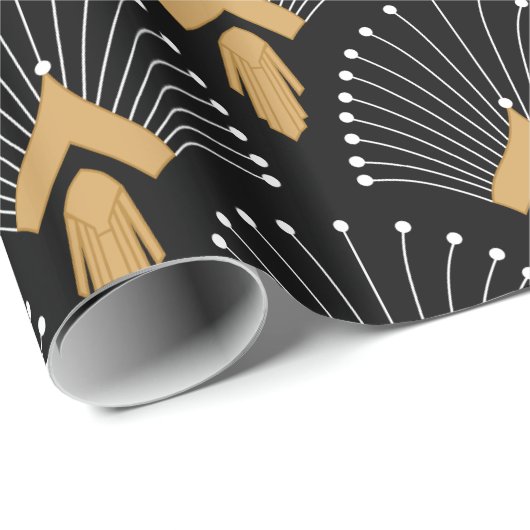 Black, Gold and White Art Deco Fan Flowers Motiv Geschenkpapier (Rolleneckpunkt)