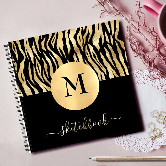 Black Gold Animal Print Glam Monogram Sketchbook Notizblock