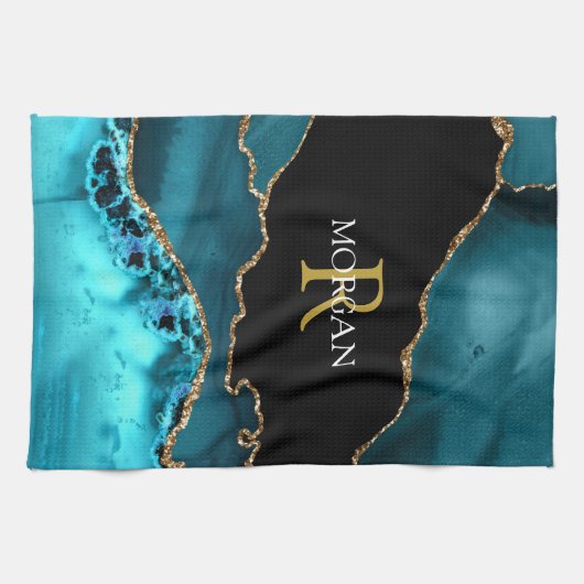 Black Gold Aquamarin Agate DIY Gold Monogram White Geschirrtuch (Horizontal)