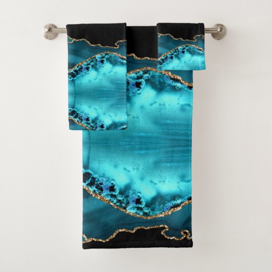 Black Gold & Aquamarin Agate, Monogram & Gold Name Badhandtuch Set (Insitu)