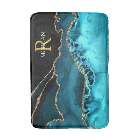 Black Gold & Aquamarin Agate, Monogramm und Name Badematte (Vorderseite Vertikal)