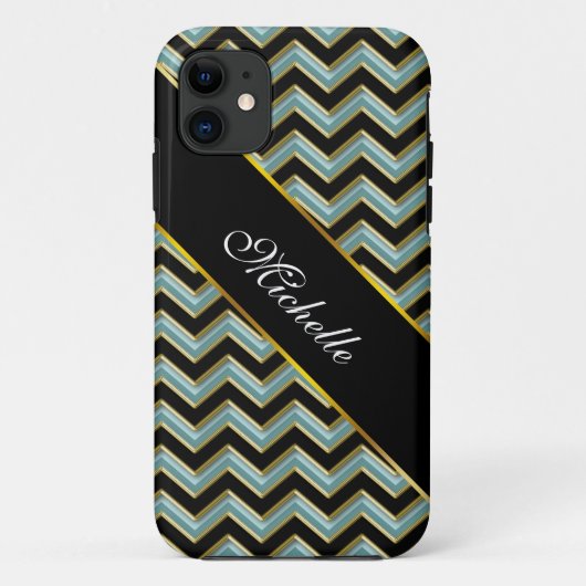 Black Gold Aquamarin ZigZag Case-Mate iPhone Hülle (Rückseite)