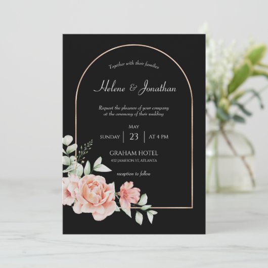 Black Gold Arch Floral Boho Hochzeitseinladung Einladung (Stehend Vorderseite)