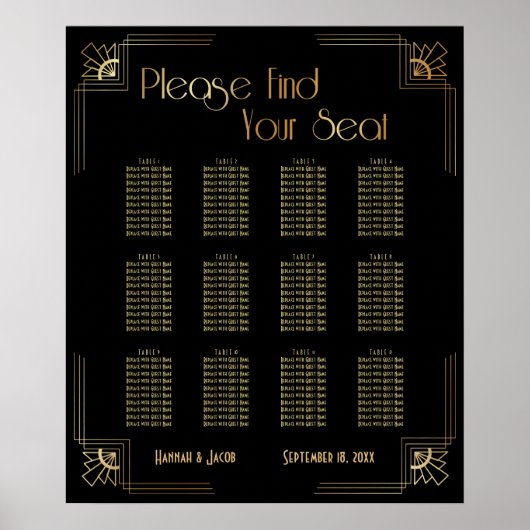 Black & Gold Art Deco 12 Tables Sitzkarte Poster (Vorne)
