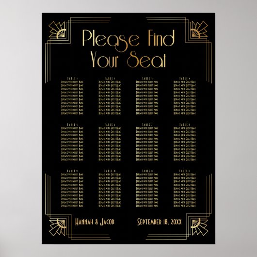 Black & Gold Art Deco 12 Tables Sitzkarte Poster (Vorne)