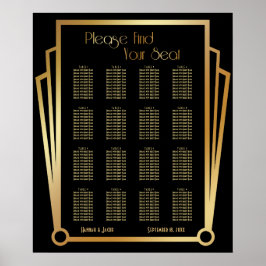 Black & Gold Art Deco 16 Tables Sitzkarte Poster