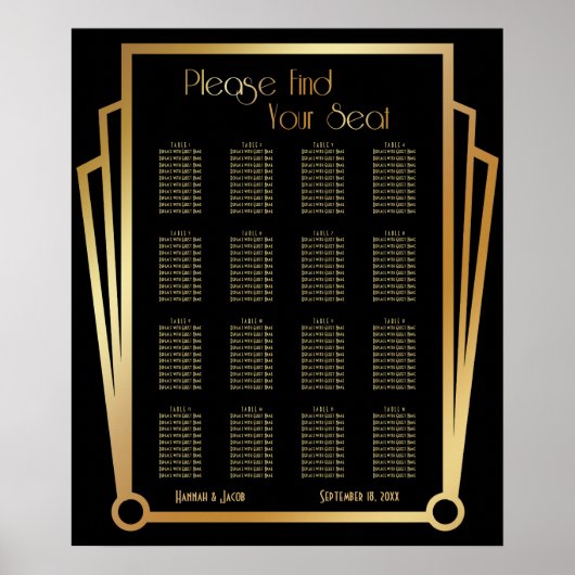 Black & Gold Art Deco 16 Tables Sitzkarte Poster (Vorne)