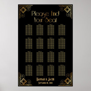 Black & Gold Art Deco 16 Tables Sitzkarte Poster