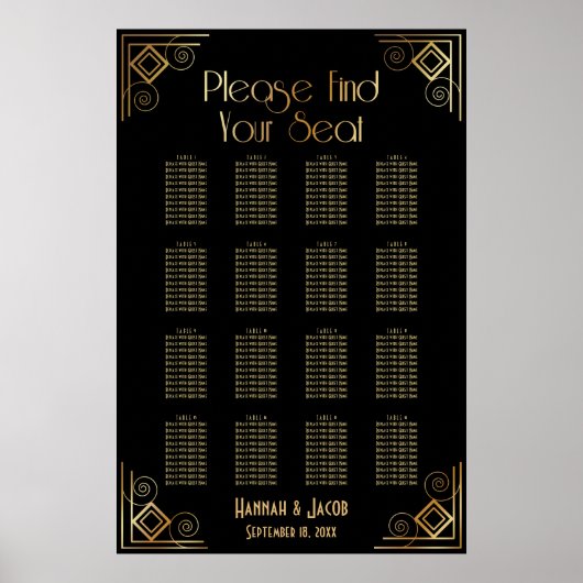 Black & Gold Art Deco 16 Tables Sitzkarte Poster (Vorne)