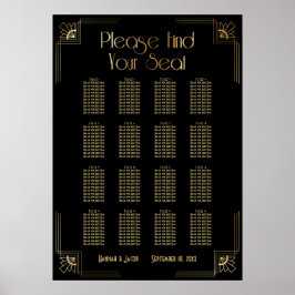 Black & Gold Art Deco 16 Tables Sitzkarte Poster
