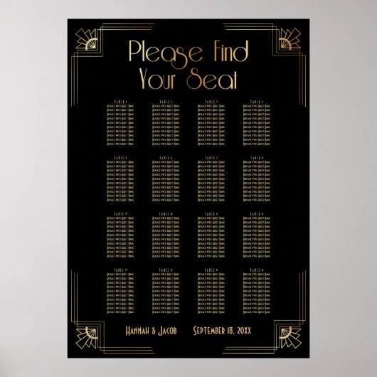 Black & Gold Art Deco 16 Tables Sitzkarte Poster (Vorne)