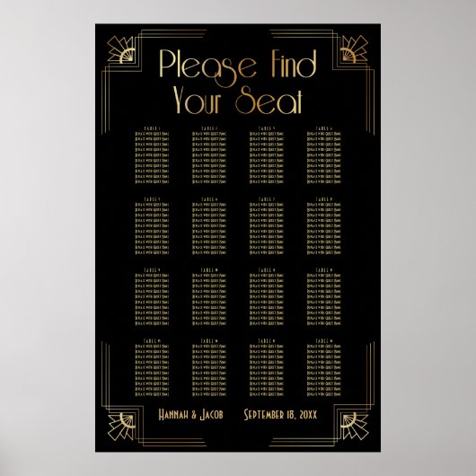 Black & Gold Art Deco 16 Tables Sitzkarte Poster (Vorne)