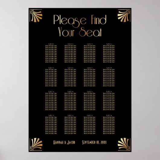 Black & Gold Art Deco 16 Tables Sitzkarte Poster (Vorne)