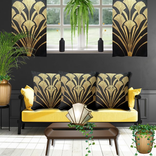 Black Gold Art Deco Ägyptisch Styled 16 x 16 Baumw Kissen (Custom family or business initials or monogram on sophisticated comfortable Art Deco accent pillows)