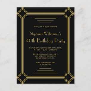 Black & Gold Art Deco Border Geburtstagsparty Einladungspostkarte