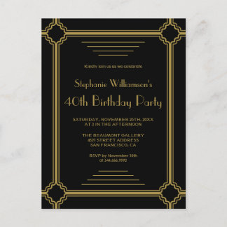 Black & Gold Art Deco Border Geburtstagsparty Einladungspostkarte