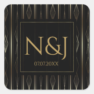 Black & Gold Art Deco Brautparty Quadratischer Aufkleber