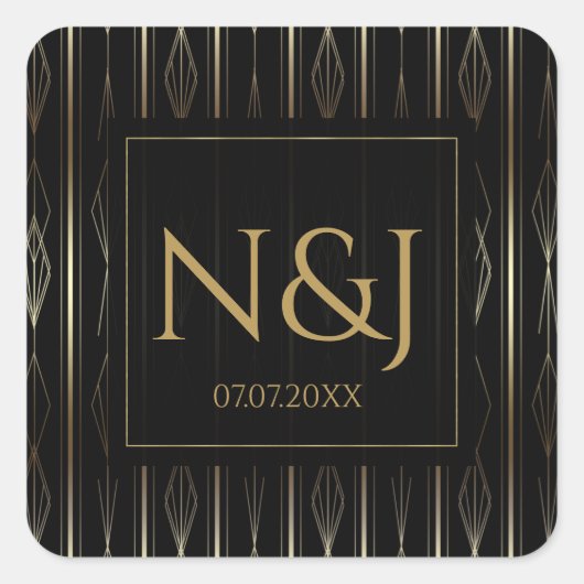 Black & Gold Art Deco Brautparty Quadratischer Aufkleber (Vorderseite)