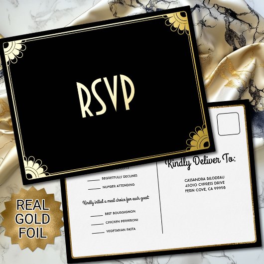 Black Gold Art Deco Chic florale Hochzeit RSVP Ant Folie Einladungspostkarte
