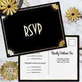 Black Gold Art Deco Chic florale Hochzeit RSVP Ant Folie Einladungspostkarte