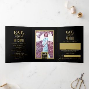 Black & Gold Art Deco, essen Sie Drink Baby Showsu Dreifach Gefaltete Einladung