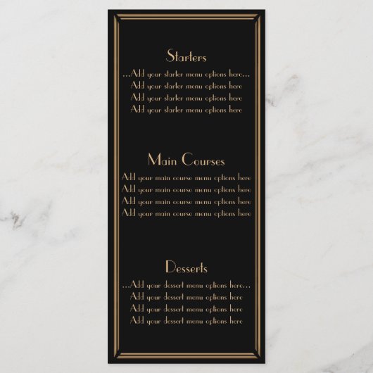 Black Gold Art Deco Gatsby Style Wedding Menü Menükarte (Rückseite)