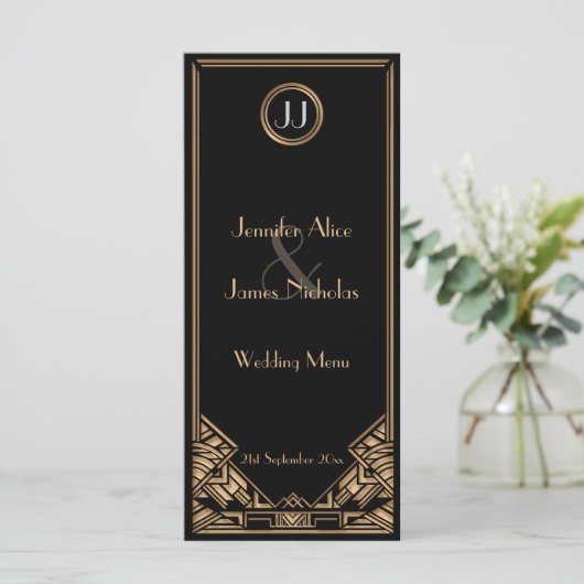 Black Gold Art Deco Gatsby Style Wedding Menü Menükarte (Stehend Vorderseite)