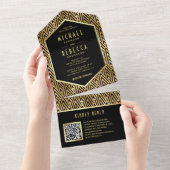 Black Gold Art Deco Geometric QR Code Hochzeit All In One Einladung (Abreißen)