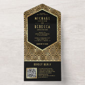 Black Gold Art Deco Geometric QR Code Hochzeit All In One Einladung (Innen Boden)